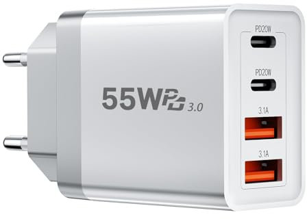 Neutypechic 55 W cargador USB C, 4 puertos enchufe cargador rápido USB C, multitoma USB PD 3.0 Sector, 2 Tipo C y 2 USB adaptador para iPhone 16 15 14, para Samsung Galaxy S23 S22 Smartphone