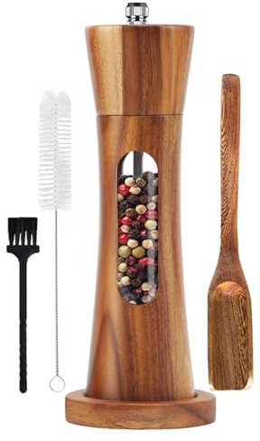 Uallsny Pfeffermühle Holz Salz und Pfeffer mühle mit Untersetzer Manuell Gewürzmühle verstellbarem Keramikmahlwerk Salzmühle für Pfeffer Salz Gewürze Höhe 20 cm