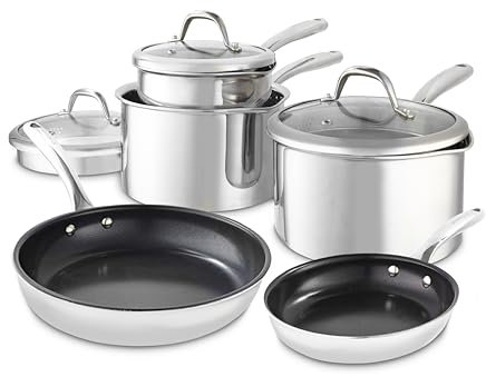 Good Food in Partnership with Tower Tri-Ply 5 Piece Cookware Set with 16cm, 18cm & 20cm Saucepans with Tempered Glass Lids, 20cm & 28cm Frying Pans, Induction Compatible, Stainless Steel