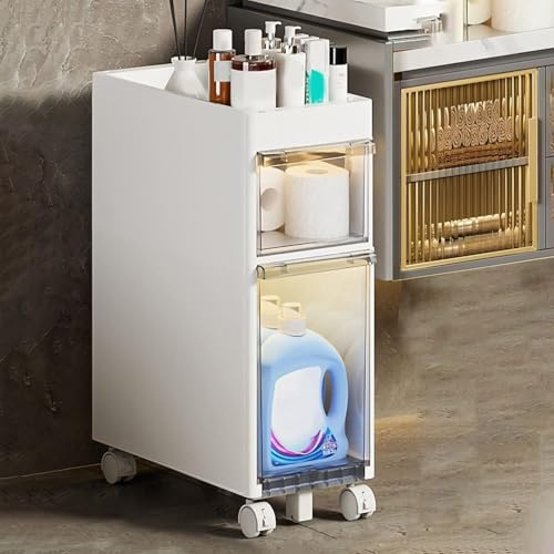 Armadietto da bagno sottile, a 4 ripiani, con cassetti e ruote in plastica, grande capacità verticale per articoli da toeletta ed essenziali, torre salvaspazio per carta igienica