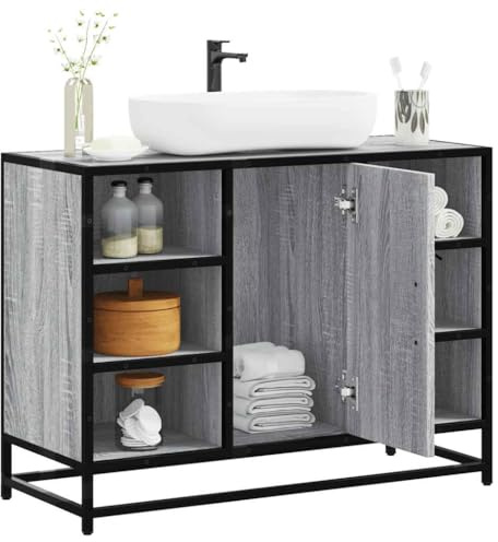 QJBSAVVA Mobile Bagno Salvaspazio con Lavabo Grigio Sonoma 80x33x60 cm in Truciolato e Metallo Design Retrò per Arredamento Bagno