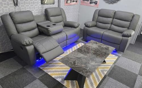 Madrid Leather Electric Recliner Sofa With Cupholders - Leather Sofa - 3+2 Seater - USB Charging Ports - LED Lights (Grey, 3+2 Seater)