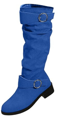 Generisch Pantorrilla Ancha Botas Sobre La Rodilla Con Tacón,Botas De Invierno De Tacón Medio Para Mujer,Tacón Bloque De Color Sólido Botas De Mujer De Gran Tamaño Botas Botas De Ante Altas, azul, 39