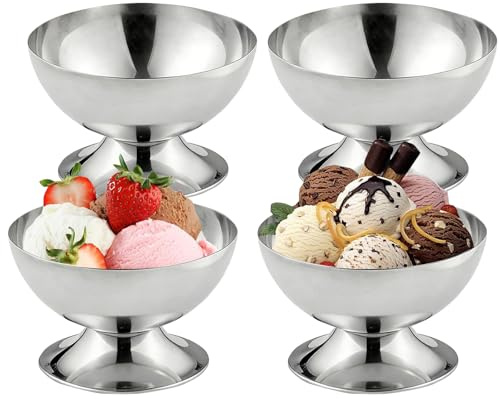 Juego de 4 vasos de acero inoxidable para helados, diámetro de 10 cm, 200 ml, cuencos de postre, copas de postre, copas de cóctel con pie, para ensalada de frutas, yogur y pudín de frutas, para bodas