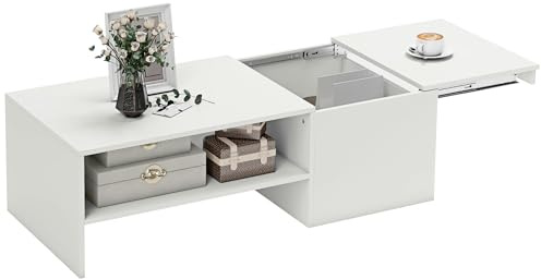 HOMCOM Mesa de Centro con Tablero Deslizante, Mesa Baja para Salón Moderna con Compartimento Oculto, Estante Abierto, Mesa de Café para Comedor, Oficina, 110x52x36 cm, Blanco