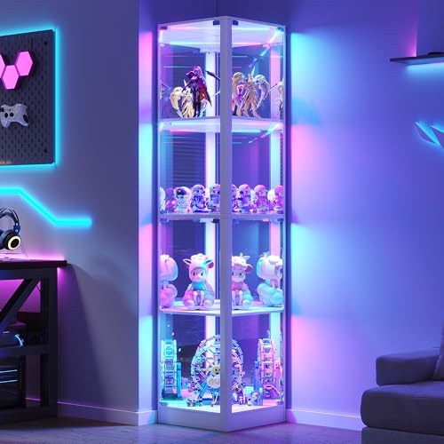 FREDEES Glass Display Cabinet with RGB Lights, 175CM, White | 4-Tier Shelves, Corner Curio Design, Ample Storage Space, Human Body Sensor, For Collectibles/Toys/Books