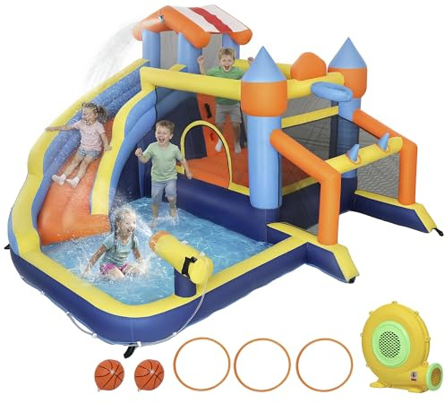 AIYAPLAY 8 in 1 Bouncy Castle for Kids, Inflatable Bounce House with Slide, Pool (Ball Pit), Football Goal, Climbing Wall, Basketball Hoop, Ring Toss Game and Blower for Outdoor Fun