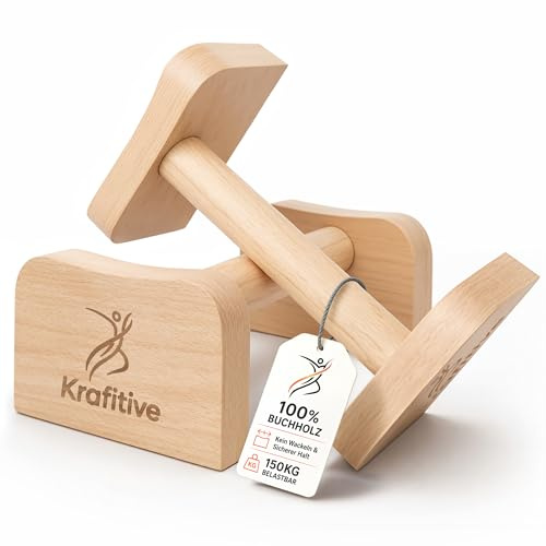 Krafitive Juego de 2 agarres para flexiones de madera de haya maciza, 150 kg, paralelos para calistenia y entrenamiento de fuerza, barras push up ergonómicas, mango de gran tamaño y soporte estable