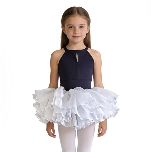 inhzoy Balettdräkt för barn, flickor, tyll, balettlite, ärmlös balett, tröja, rygglös med volanger i flera lager, organza-kjol, 2 delar. Set, Marinblå, 158-164