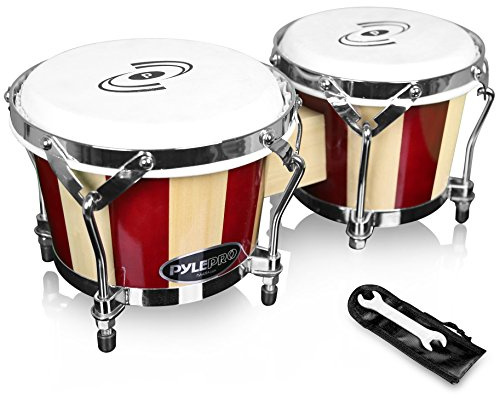 Pyle Hand Crafted Bongo Drums - Pair of Wooden Bongo Drums, 6.5 & 7.5 Inch, Chrome Hardware, Artfully Finished - PBND10.5