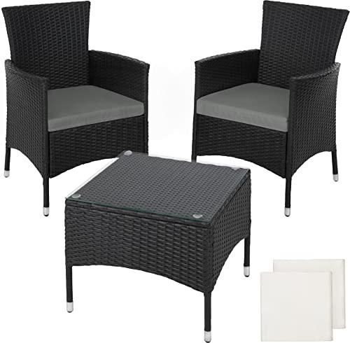 tectake® Set da Giardino in Rattan Lucerna, Robusto Telaio in Acciaio, Set Sedie da Esterno, Tavolino Salotto con Piano in Vetro, Comodi Cuscini, Design Moderno - Nero