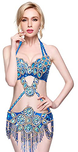 ROYAL SMEELA Belly Dance Costume for Women Tribal Belly Dance Bra and Belt Set Rhinestone Bra Top Sequin Belt Carnival Outfit
