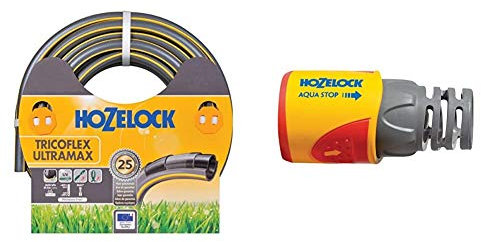 Hozelock Tricoflex Ultramax Hose, Grey, 12.5 mm x 25 m & AquaStop Connector Plus (12.5mm & 15mm)