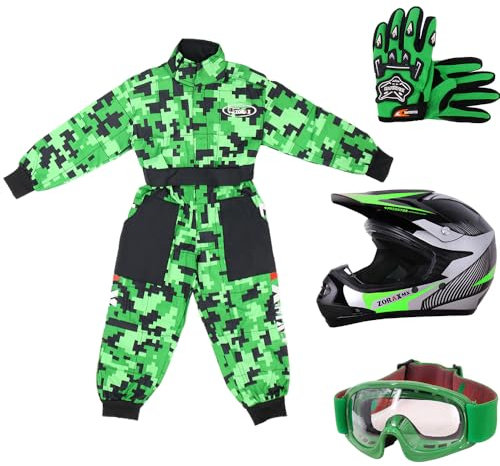 Zorax S(5-6 Years) Kids CAMO Suit & Gloves L(7cm) & Goggles & ZOR-X19 Green L (53-54cm) PREDATOR Kids Motocross Helmet ECE2206, Child Dirt Bike Motorocycle Helmet Clothing Suit Set