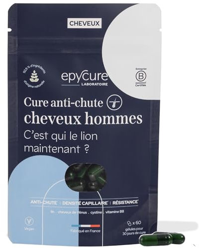 EPYCURE - Cure Chute de Cheveux Homme - 92% Naturel - Limite la Perte, Accélère la Pousse, Efficace Contre l'Alopécie Androgénique - Cystine, Zinc, Vitamines - 1 Mois - Vegan - Fabriqué en France