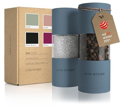 LARS NYSØM Salz und Pfeffer Mühlen Set aus Edelstahl mit einstellbarem Keramik-Mahlwerk 2 Stück I Manuelle Gewürzmühlen mit hochwertigem Design (2 Stk) (Stone Blue)