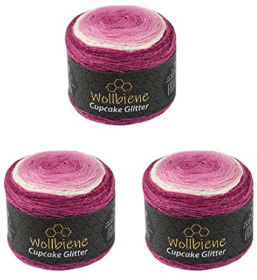 Cupcake Glitter Simli Lot de 3 pelotes de laine à tricoter, 150 g chacune, 450 g, pour tricot et crochet pour bébé, laine turque, dégradé de couleurs, paillettes (3200 baie, blanc, rose)