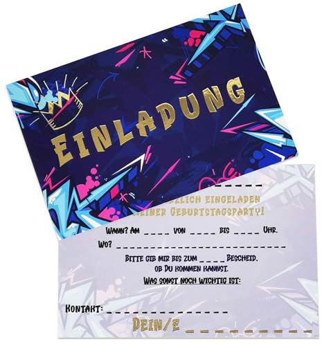 12 Einladungskarten Kindergeburtstag - mit Goldfolie für eine besondere Optik und Haptik - Graffiti Geburtstagseinladungen Geburtstagseinladungen Kinder Mädchen (Blau und Gold)
