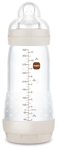 MAM Biberon Easy Start 320 ml, Biberon anticolica per allattamento misto, Riduce le bolle d'aria e il rischio di coliche, Accessori neonati 4+ mesi autosterilizzanti e con tettarella misura 3, Beige