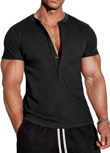 Muscle Cmdr Camisas Henley Waffle para Hombre,Camiseta Ajustada Manga Larga Ropa Interior Térmica 5 Botones