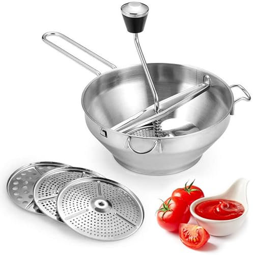 Potatispress rostfritt stål, rostfritt stål mixer med 3 skivor, manuell potatispress med handtag, matvarg för tomatsås äppelmos