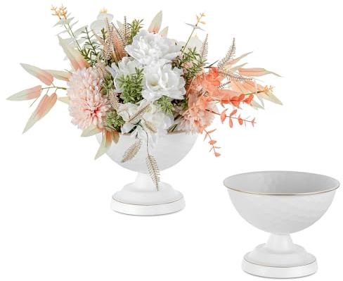 Sziqiqi Vit Urna Vas Mittpunkt: 14cm Små Bröllopsvaser för Bord Uppsättning Set of 2 - Vintage Blomvas för Konstgjorda Blomsterarrangemang - Metall Unika Bikakvaser för Födelsedagsfest