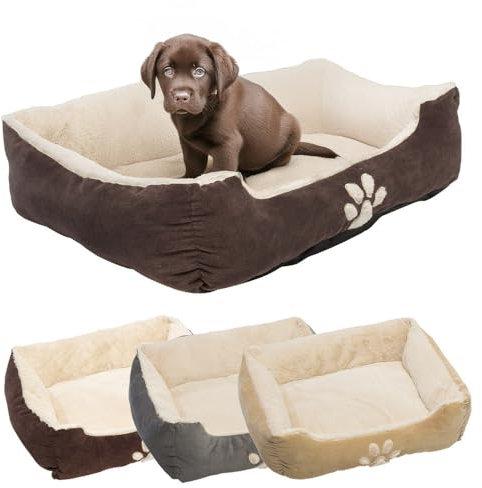 Petnic - Hundebett ca. 60x48x18 cm - Braun - Plüsch flauschig mit Rand weich für kleine bis mittelgroße Hunde Katzenbett Hundekissen Beige Haustierbett eckig ca. 60x50 cm