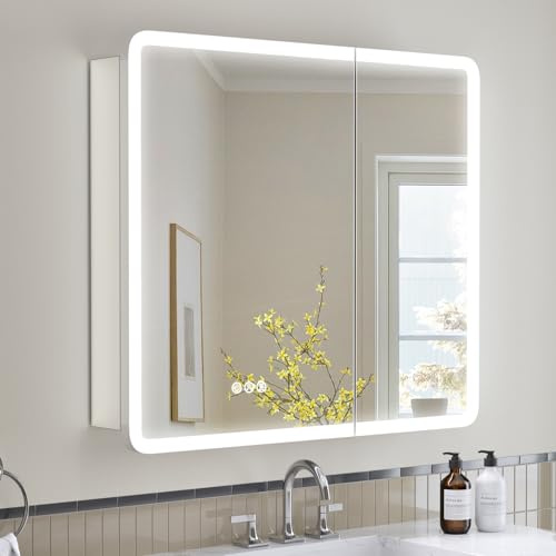 TIFULLHOME 30x32 Lighted Medicine Cabinet with Mirror, AL Alloy Frame Rounded, 2 Outlets +1 USB +1 Type-C, Plug-in or Hardwired, Recessed/Surface, 3 Colors/Dimmable/Inner Sensor Light/Defog, 2 Shelf