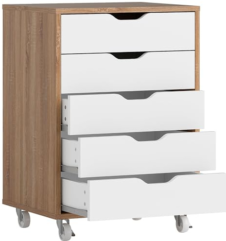 Vinsetto Vertical File Cabinet, 5-Drawer Mobile Office Cabinet for Study, Home Office, Oak