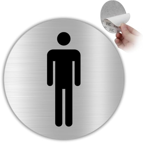 LEIASA | Señal adhesiva WC Hombre - Grosor 0,8 mm - Diámetro Ø 100 mm - Aluminio Señalización Baños - Signo Servicios - Cartel adhesivo WC Hombre