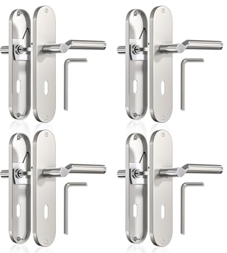 Bwintech Set di 4 maniglie per porte in zinco classico da 72 mm su piastra con foro per serratura, adatte per camera da letto, porta d'ingresso, porta in legno