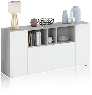 duehome | Aparador 3 Puertas para Salón, Armario Auxiliar, Modelo Coup, Acabado en Gris Cemento y Blanco Artik, Medidas: 150 cm (Ancho) x 76 cm (Alto) x 41 cm (Fondo)