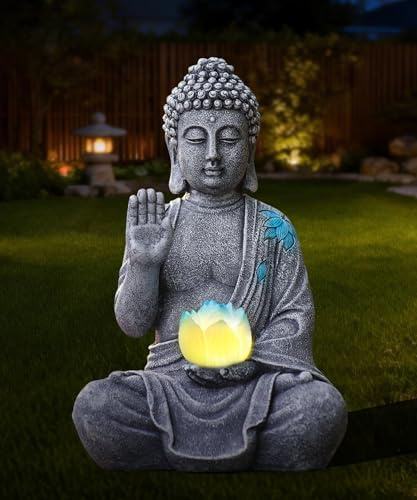 Yeomoo Statue de Bouddha avec LED solaire Lotus Décoration de jardin - Figurine de méditation résistante aux intempéries pour jardin Zen, salon Feng Shui, cadeau spirituel pour femmes, maman, hommes