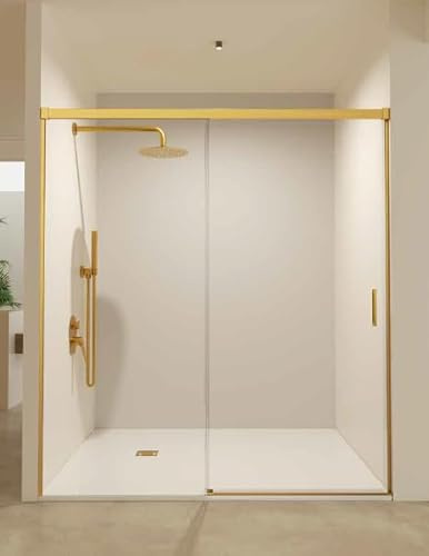 Mice - Mampara de Baño Frontal / 1 Panel Fijo + 1 Puerta Corredera/Mampara de bañera/Cerramiento de ducha/Mampara corredera con perfilería de aluminio color Oro Cepillado/Medida 140 x 195 cm