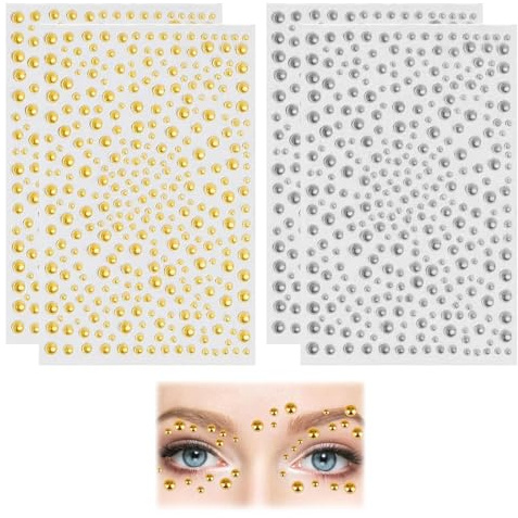 DOKRIN Strass pour nail art, Lot de 4 feuilles de 1 280 strass autocollants pailletés pour maquillage, 3/4/5/6 mm, pour décoration du visage, du téléphone portable et des ongles (argent, or)