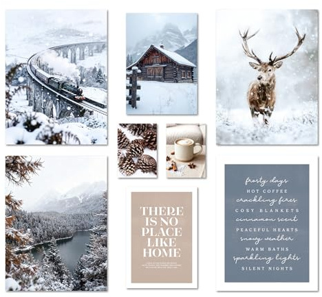 ARTFAVES® Poster Set - WINTER DREAMS - mehrteilige Wanddeko Wohnzimmer & Schlafzimmer - 8 moderne Wandbilder Schnee, Reh, Natur - ohne Bilderrahmen