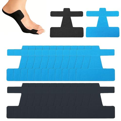 Hallux Valgus Kinesiotejp, 20 stycken hallux valgus-korrigering, hallux valgus bandage, skena med kinesiologitejp, förskurna kinotapeter, för tå och fot, fysiotejp (svart + blå)