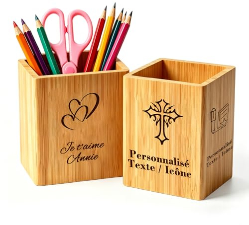 QSZ Pot à Crayon Personnalisé en Bois Porte-Stylo Gravé Texte/Logo pour Bureau Organisateur de Bureau Bois Cadeau Personnalisé pour Homme Femme Professeur (Pot à Crayon Personnalisé en Bois)