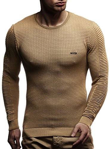Leif Nelson suéter de Jersey de Punto Fino de Cuello Redondo de los Hombres de LN-1545 Beige Obscuro Large