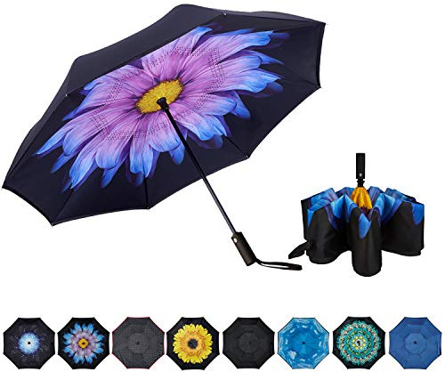 NOORNY Inverted Umbrella Double Layer Automatic Folding Reserve Umbrella Windproof UV Protection for Rain Car Travel Outdoor Men Women Purple Flower