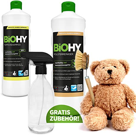 BIOHY Set Suave + Accesorios | Limpiador de Tapicería | Limpiador de Alfombras | Botella de Spray | Cepillo de Enjuague | Agente de Limpieza Sostenible y Eficaz | Efecto Rápido | Potente Concentrado