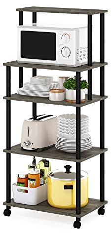 Furinno TURN-N-TUBE Bakers Rack with Wheels, 5-Tier Kitchen Storage Cart, Kitchen Cart, Coffee Bar, Pantry Organizers and Storage, French Oak Grey