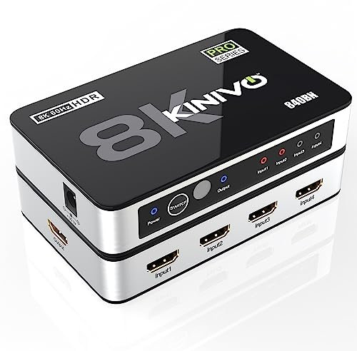 Kinivo 8K HDMI Switch with Remote 4 in 1 Out (4 Port, 8K 60Hz, 4K 120Hz, 48Gbps, HDR 10+, Dolby Atmos, HDCP 2.3) - HDMI 2.1 Switch Box Compatible with HDTV, PS5, PS4, Xbox