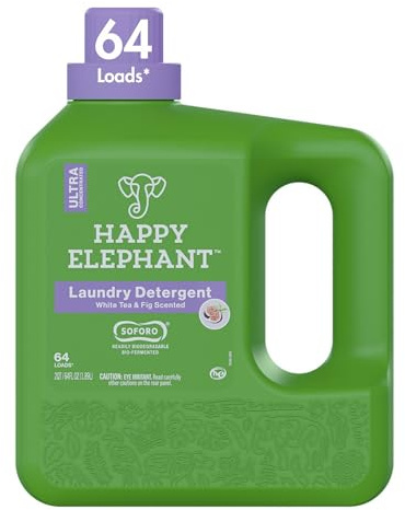 Happy Elephant Laundry Detergent, White Tea & Fig Scent, Ultra Concentrated Washing Machine Laundry Soap, Plant Based, Stain Remover, Gentle on Sensitive Skin, HE Compatible, 64 Loads, 64 Fl Oz