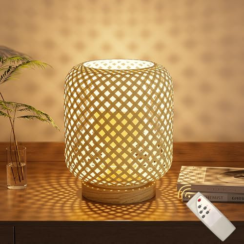 Coinmit LED Akku Tischlampe, 3000K dimmbare Rattan Nachttischlampe mit Fernbedienung, 5500mAh kabellose Tischleuchte, Tischlampe aus Holz, Geeignet für Schlafzimmer, und andere Indoor Tischlampen