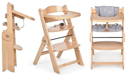 ms Trona para bebé de Madera Full PLEGABLE - Evolutiva- Silla Alta, Ergonómica, Regulable, Segura, Madera/Gris