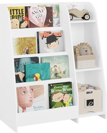 Lestarain Bücherregal Kinder, Montessori Kinderregal, Spielzeugregal, mit 4 Regalebenen und 3 Fächern, offenes Standregal Aufbewahrungsregal, für Kinderzimmer Spielzimmer, Weiß, 75x90x34,5 cm