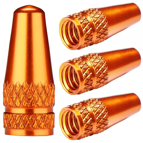 Tappi per valvole Presta in alluminio – Coperture antipolvere arancioni per pneumatici per bici (4 pezzi) – adatte per valvole francesi su strada, MTB, ibride, da corsa, fitness, pieghevoli e fat bike