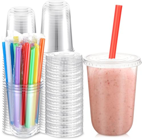 Ziliny 50 Sets Clear Cups with Lids and Jumbo Smoothie Straws Disposable Plastic Cups for Smoothies, Bubble Milk Tea, Milkshakes, Cold Drinks (16 oz)