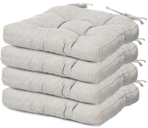 TIENDA EURASIA – Pack Cojines Sillas | Material Tela (Poliéster) | Material de Relleno 100% Poliéster | Tamaño 40x40x7 cm | 2 Cordones de Sujeción | Cojines Exterior Jardín (Gris Claro, Pack 4)